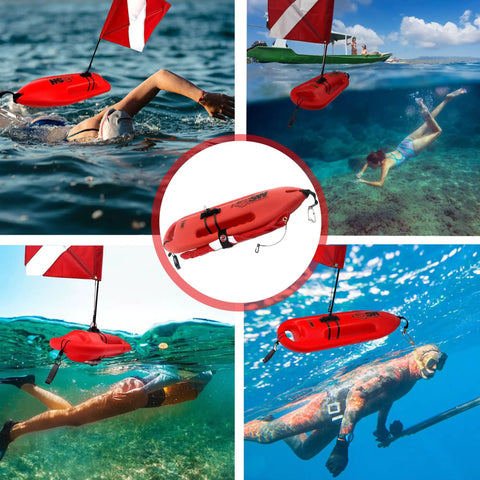Compact Lifeguard Float Rescue Can Buoy 28 Inch for spearfishing and scuba dive, torpedo style in various aquatic settings