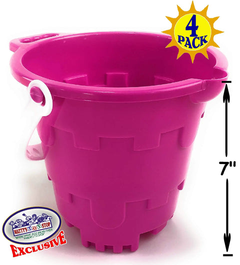 Pink 7-inch plastic castle sand bucket with easy pour spout from 4 Pack 7 Inch Castle Sand Buckets With Easy Pour Spout And Handle