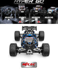 Front view of MJX Hyper GO 16207 1 By 16 Scale Brushless RC Buggy With 3S Battery, showcasing 4WD and rugged terrain design.