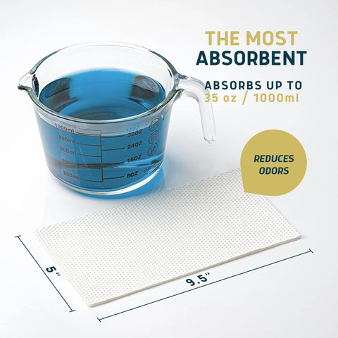 Premium Quality No Sweat Commode Liners Ultra Absorbent Jasmine Scent Bags with a measuring cup showing 35 oz absorption, 5x9.5 inches.