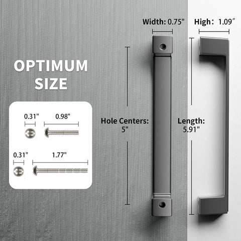 Diagram showing 30 Pack 5 Inch Square Matte Black Cabinet Handles dimensions, with center-to-center spacing of 5 inches.