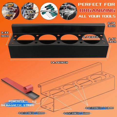 Diagram of Magnetic Power Tool Organizer Rack For The Shop, Heavy Duty 4 Slot Drill Holder, Solid Metal Tool Rack
