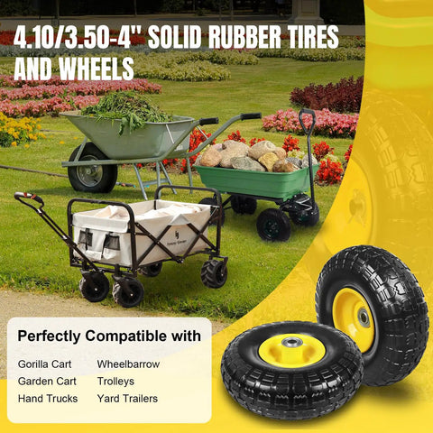 10 Inch Solid Rubber Dolly Wheel Set With Flat Free 4.10 To 3.50-4 Tires, 5/8 Inch Bearings for garden carts, hand trucks