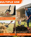 Detachable Sand Sifter Shovel With 45 Inch Fiberglass Handle And D Grip For Go To Beach Cleanup Or Farm Cleanup shown in use for treasure hunting, ranch, and poultry cleaning.