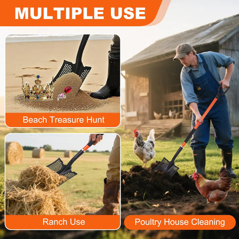 Detachable Sand Sifter Shovel With 45 Inch Fiberglass Handle And D Grip For Go To Beach Cleanup Or Farm Cleanup shown in use for treasure hunting, ranch, and poultry cleaning.