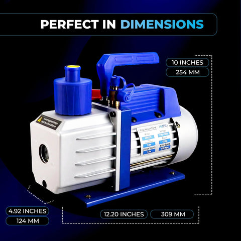 Hiatsu 7 CFM automotive AC vacuum pump, 1/2 HP, blue/white, front view with handle and label