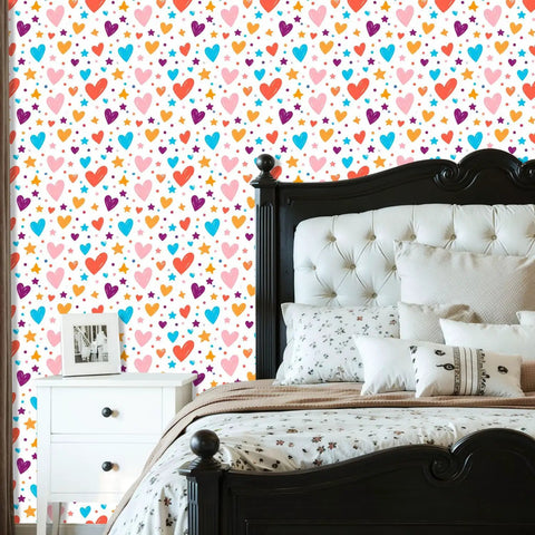 Heart And Star Romance Pattern Peel And Stick Wallpaper Removable Self Adhesive Wall Covering in bedroom setting.