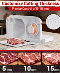 Foldable Electric Meat Slicer For Home With 6.7 Inches Removable Stainless Steel Blade And Tray Adjustable Thickness From 0 To 15mm showing cutting thickness settings