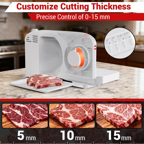 Foldable Electric Meat Slicer For Home With 6.7 Inches Removable Stainless Steel Blade And Tray Adjustable Thickness From 0 To 15mm showing cutting thickness settings