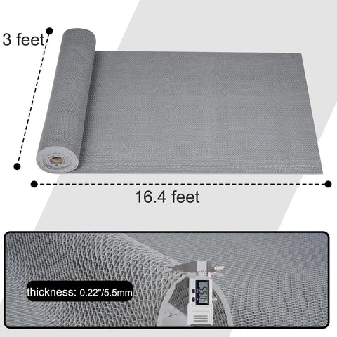 Heavy Duty Drainage Mat 3x16 ft PVC Grippy Non Slip Floor Mat with Holes for Drain Deck Pool Kitchen shown unrolled with thickness detail