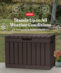50 Gallon Resin Deck Box For Outdoor Storage Of Patio Cushions Throw Pillows And Garden Tools Brown Finish Durable Weather Resistant Construction For Patios Garages Or Covered Decks with weather-resistant features displayed.