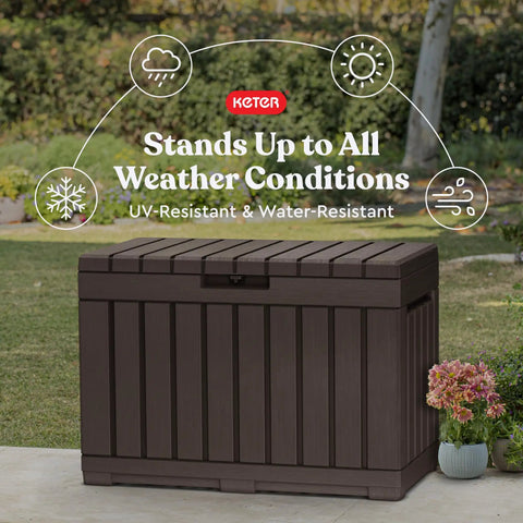 50 Gallon Resin Deck Box For Outdoor Storage Of Patio Cushions Throw Pillows And Garden Tools Brown Finish Durable Weather Resistant Construction For Patios Garages Or Covered Decks with weather-resistant features displayed.
