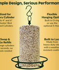 Rugged Cylinder Bird Feeder Holder For Outdoor Hanging Holds Bird Seed Cylinders Logs And Birdseed Cakes Up To Six Inch Diameter With O Ring And Locking S Hook Includes Mounting Accessories on display with seed cylinder.