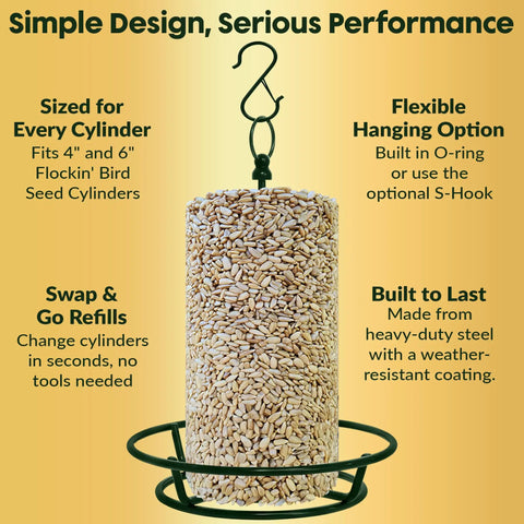 Rugged Cylinder Bird Feeder Holder For Outdoor Hanging Holds Bird Seed Cylinders Logs And Birdseed Cakes Up To Six Inch Diameter With O Ring And Locking S Hook Includes Mounting Accessories on display with seed cylinder.