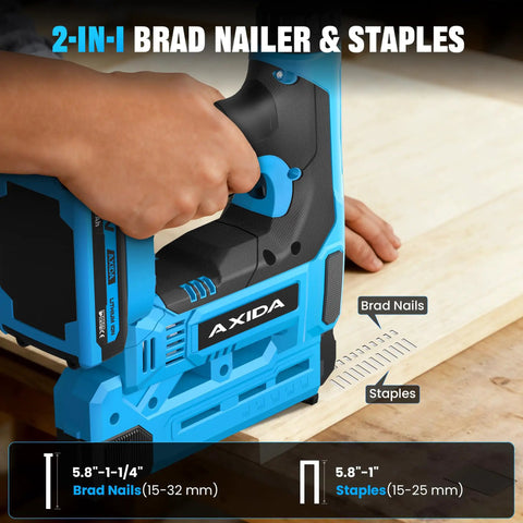 Pro Grade 18 Gauge Cordless Brad Nailer 21V with Twin 20Ah Lithium Batteries Rapid Charger in hand, close-up on wood surface.