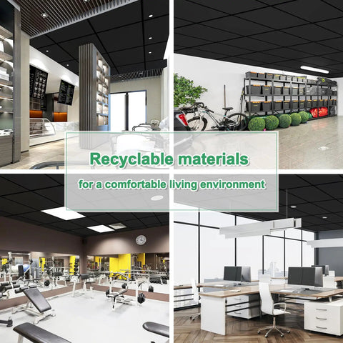 Smooth Black Drop Ceiling Tile 2x2 Foot PVC Waterproof Washable and Fire Rated High Grade PVC Easy Drop In Installation shown in modern environments.