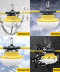 Heavy Duty Construction String Lights 100ft LED Work Light String With 10 Bulbs 100W Equivalent 14000 Lumens 5000K Ultra Bright Temporary Lighting For Job Sites Renovations And Outdoor Projects demonstrating waterproof, weatherproof, snowproof, shatterproof features
