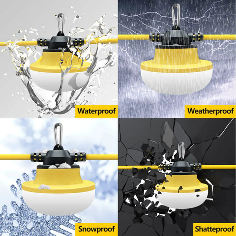 Heavy Duty Construction String Lights 100ft LED Work Light String With 10 Bulbs 100W Equivalent 14000 Lumens 5000K Ultra Bright Temporary Lighting For Job Sites Renovations And Outdoor Projects demonstrating waterproof, weatherproof, snowproof, shatterproof features