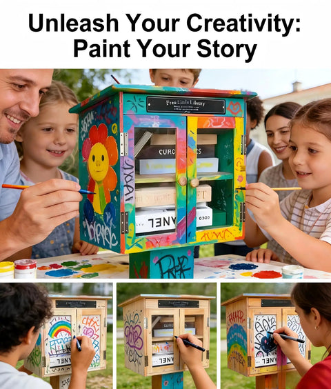 Outdoor Little Library Box With Stand And Nameplate, Weather Resistant Natural Wood Finish, Clear Doors To Keep Books Dry, painted by children