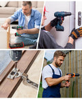 Collage of DIYers using drills and the Ultimate Wood Screws Assortment Kit 220 Pcs 304 Stainless Steel Phillips Flat Head Screws
