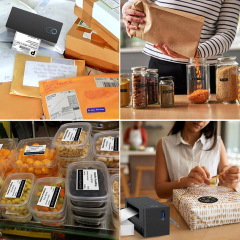 Wireless Bluetooth Thermal Label Printer Covers 4X6 Shipping Labels On The Fly in use for labeling packages and jars.