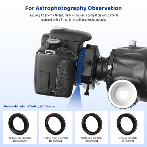 Double Magnetic Telescope Filter Drawer For Astrophotography With M42x0.75 T T2 Thread connected to camera for observation.