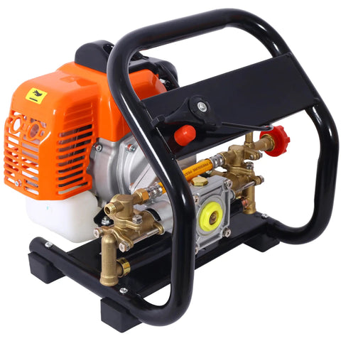 Portable Gas Powered Backpack Sprayer For Garden And Farm Use Two Stroke One Point Five Horsepower Engine with handle view.