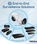 Diagram of Trendnet end-to-end surveillance solutions including PoE cameras, injectors, extenders, recorders, and switches.