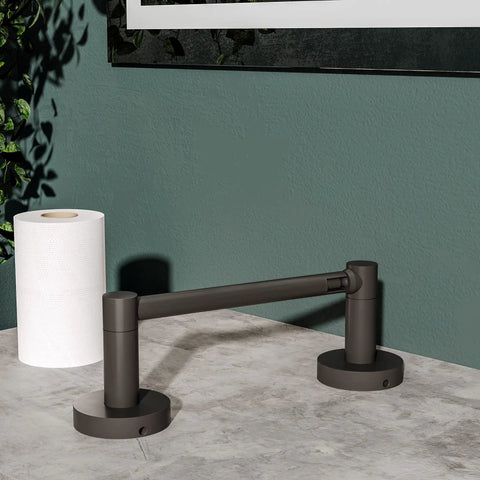 Matte Black Toilet Paper Holder With Double Post Pivoting Roll Arm For Wall Mount Heavy Duty Stainless Steel And Zinc Alloy Detachable Design No Slip Roll Easy Refill Durable Bathroom Accessory on countertop