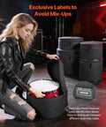 Woman using the Tour Tough Five Piece Drum Case Set Crafted From Durable 600D Nylon With Heavy Padding for toms.