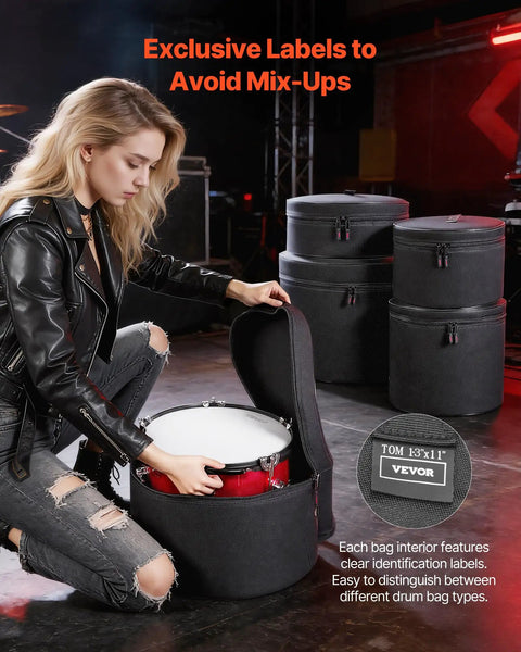 Woman using the Tour Tough Five Piece Drum Case Set Crafted From Durable 600D Nylon With Heavy Padding for toms.