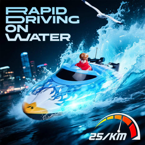 Self-Righting 12 Inch Remote Control Boat for Kids and Adults, 25 KPH Fast RC Boat speeding on water at night near city lights.