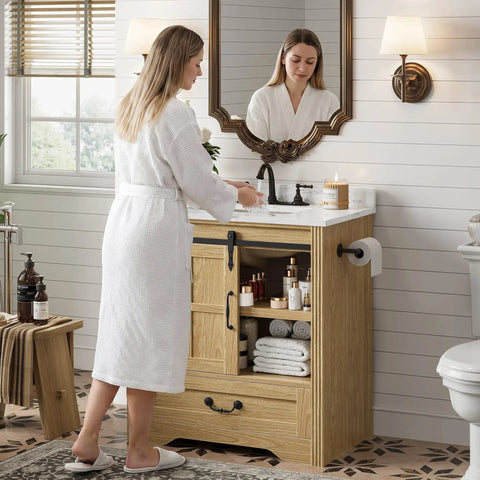 Slick 30 Inch Bathroom Vanity With Integrated Sink And Smooth Sliding Barn Door Modern Farmhouse Bathroom Cabinet Offering Real Deal Soft Close Drawer And Sick Storage Space For A Clutter Free Setup