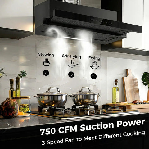 30 Inch Under Cabinet Range Hood With 750 CFM Power, Three Speed Gesture Sensing And Touch Control, Stainless Steel Vent Hood in use