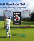 Golfer practicing with Heavy Duty Pro Grade Golf Practice Net 10 X 7Ft, target cloth, and mat on a sunny outdoor course.