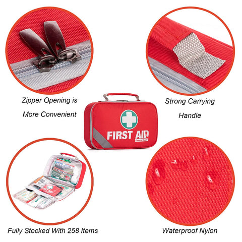 General Medi red first aid kit in nylon case with white cross; zipper and carry handle, 258-item stocked set