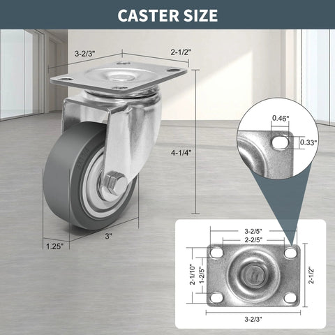 3 Inch Rubber Caster Wheels Set Of 4 With Brakes, Silent Heavy Duty Swivel Plate Casters dimensions and detailed view