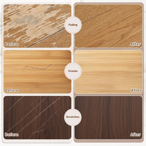 Image showing before and after of wood furniture repair using Easy Peasy Wood Furniture Repair Kit featuring six realistic tone touch up markers and wax sticks.