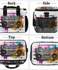Four views of insulated picnic backpack with colorful boombox design, 12x8.7x10in, for picnics beach work travel camp and outings.