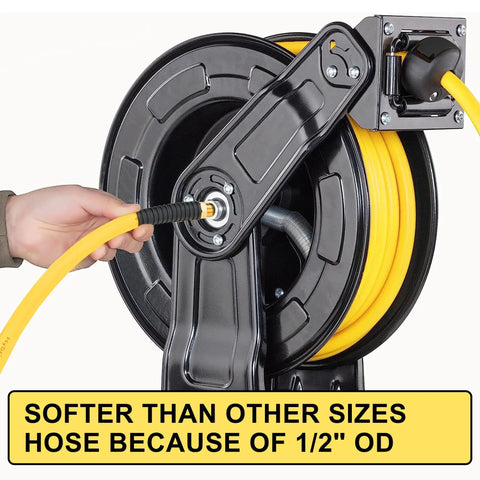 Built Tough One Half Inch By Six Foot Hybrid Air Hose With M N P T Ends And Bend Limiters Packs Three Piece Air Quick Connect and Plug Kit attached to reel.