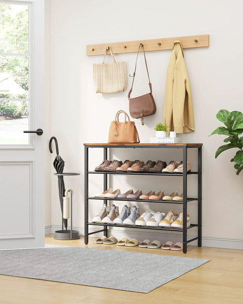 Super Slim Four Tier Shoe Rack For Closet Saves Major Floor Space And Stays Slick Brown, Footwear Organizer Holds All Of Your Kicks Easily While Featuring A Spacious Top Shelf For Storage Gear, Making This A No Sweat Home Organization Win For Sure