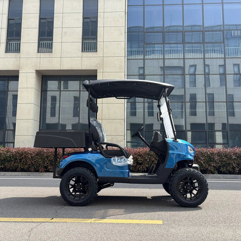 Heavy Duty Electric Golf Cart With Four Kilowatt Motor And Easy Directional Controls side view showcasing two seats and rear cargo area.