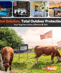 Outdoor bug zapper in a farm setting with cows, showcasing Go To Outdoor Dual Solar Panel Mosquito Zapper With 4500V Insect Killer IPX5 Waterproof.