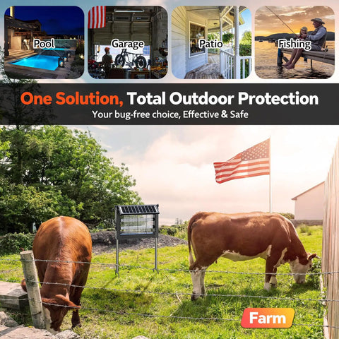 Outdoor bug zapper in a farm setting with cows, showcasing Go To Outdoor Dual Solar Panel Mosquito Zapper With 4500V Insect Killer IPX5 Waterproof.