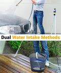 Electric Pressure Washer Beast 2150 PSI Two Point Six GPM With Hose Reel And Soap Tank Four Quick Connect Nozzles For Fence Concrete Patio Green Heavy Duty Home Power Washer being used on car and wood deck with dual water intake methods.