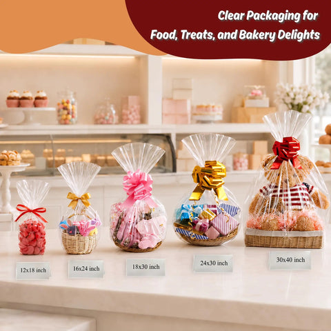 Clear 24 By 30 Inch Cellophane Bags 10 Count For Large Gift Baskets And Big Presents Perfect For Weddings Bridal And Baby Showers Flat No Gusset See Through Gift Wrap Ribbon Not Included displayed among other sizes with baked goods