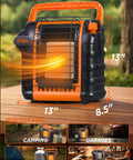 9000 BTU Portable Propane Heater For Outdoor Use That Kicks Heat Up To 300 Sq Ft Two Heat Settings From 4000 To 9000 BTU Swivel Regulator For 1 Pound Propane Tank Patio Camping Outdoor Emergency Heater Orange, shown on a wooden table with dimensions.