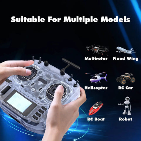 Hands holding Boxer ELRS 2.4GHz 16 Channel Hall Gimbals Radio Controller With Carrying Case, transparent white. 