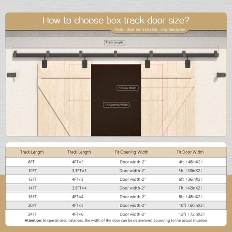 Heavy Duty Outdoor Sliding Barn Door Hardware Kit For Exterior Use With 450 Lb Capacity Black Powder Coated Finish Built To Endure Outdoor Weather Tough As Nails Fits Two Doors Up To 144 Inches Wide shown with sizing chart.