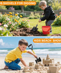 Heavy Duty 28 Inch Round Shovel With D Handle Solid Wood Grip And Carbon Steel Blade used by kids digging in a garden and beach sand.